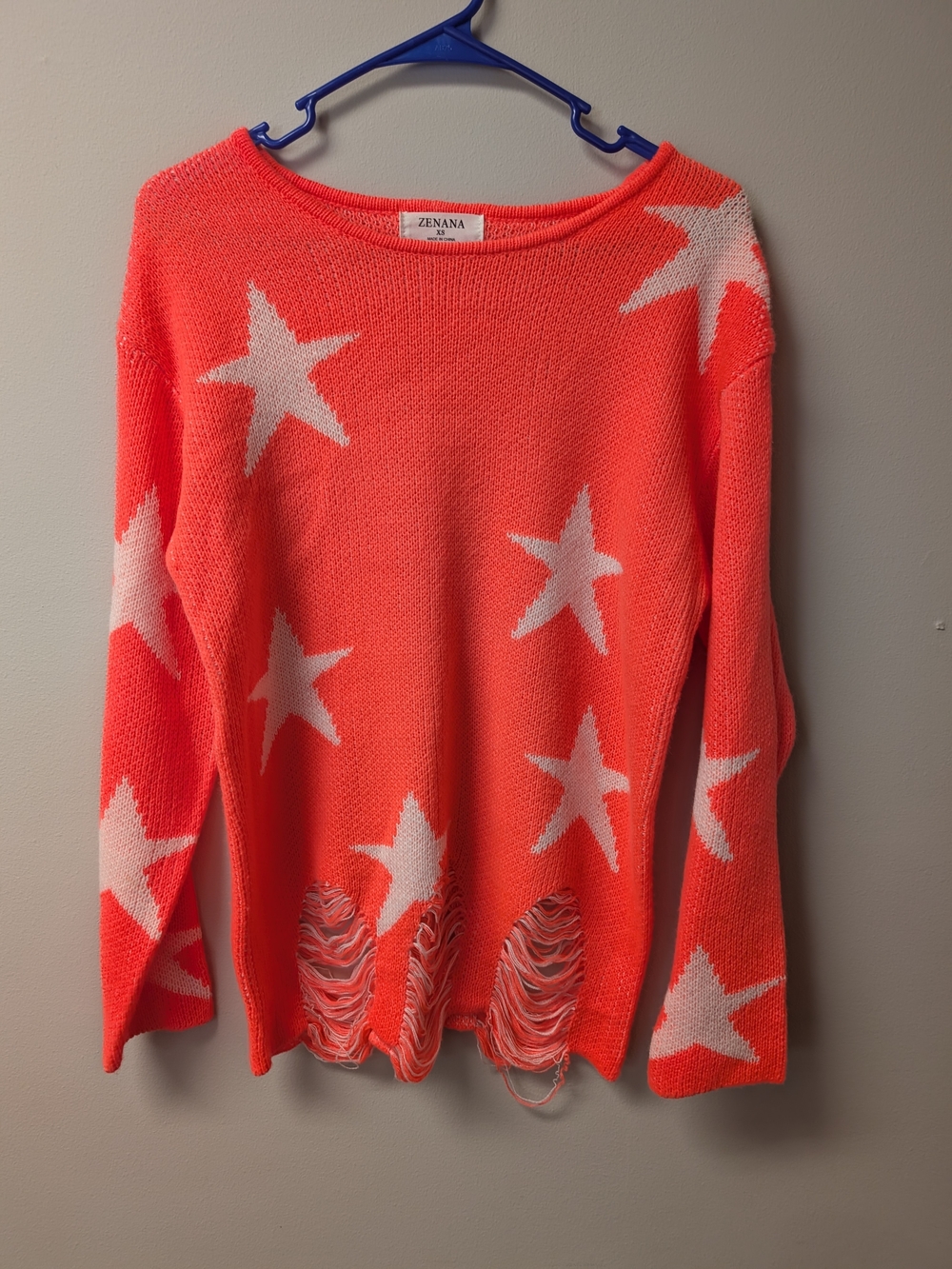 Zenana Outfitters Coral Star Knit Distressed Sweater